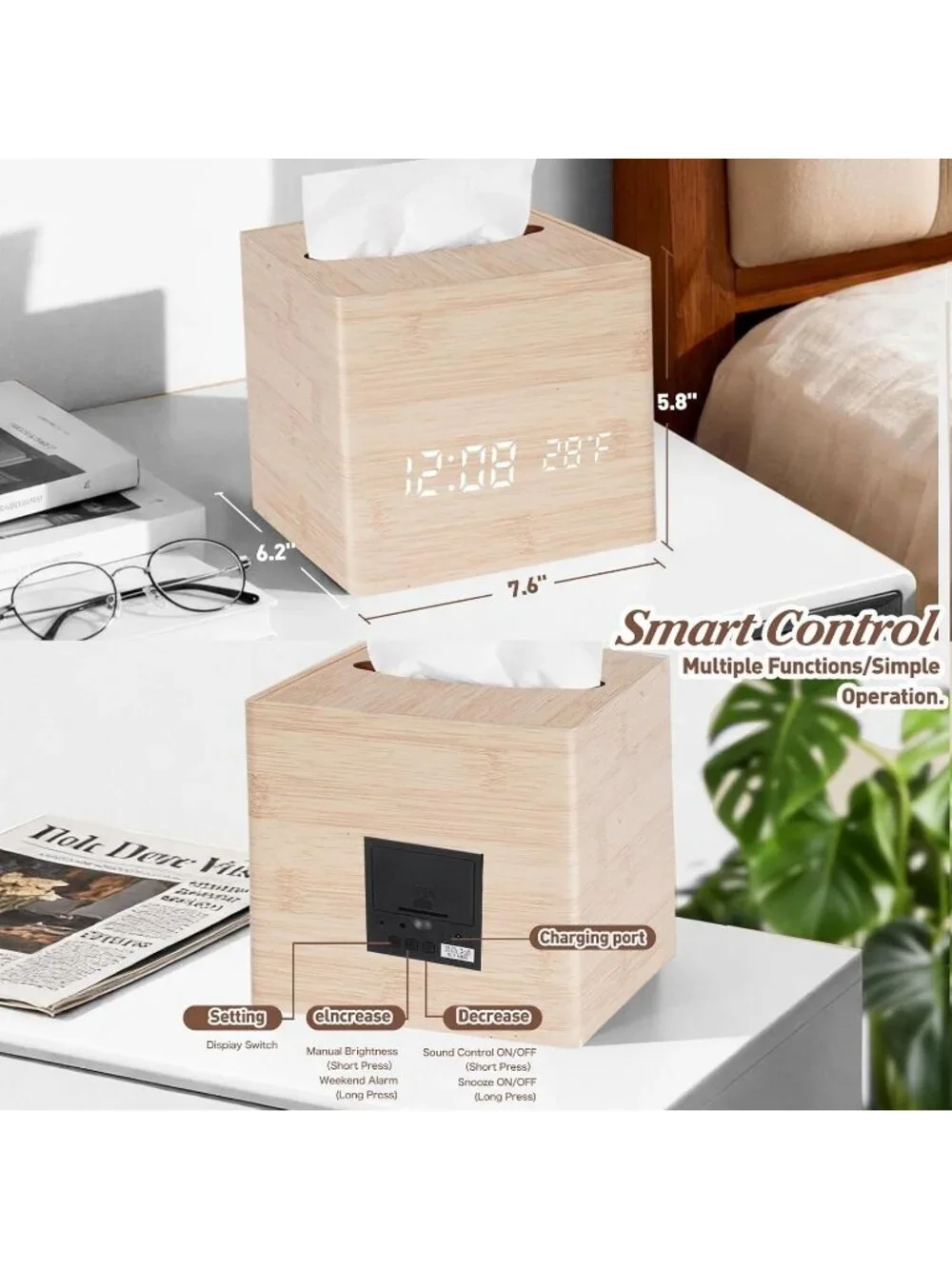 Home Cream Digital Cordless Alarm Temperature Display Wooden Tissue Box Clock